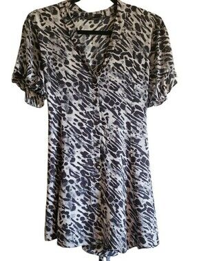 All Saints Dress Black Gray Womens S Mini Printed Boho Buttoned Ruffled Sleeve
